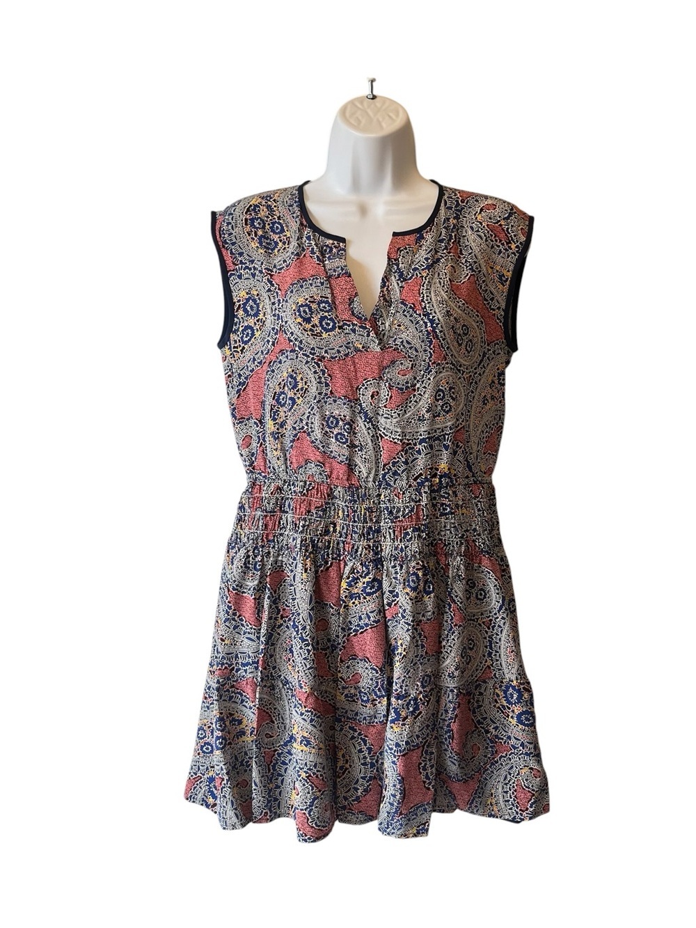J Crew 100% Silk blouson mini dress 4 Blue paisley Sleeveless Smocked waist
